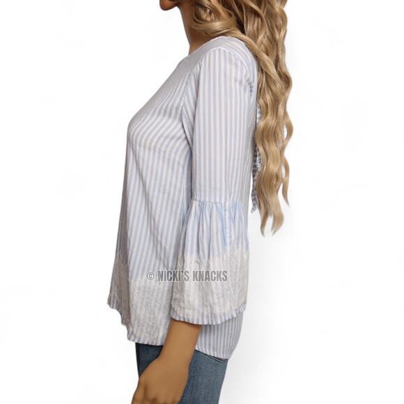 Blue Rain Striped Bell Sleeve Blouse Lace Trim Tie Back Boho Chic Light Blue XS - Picture 4 of 11